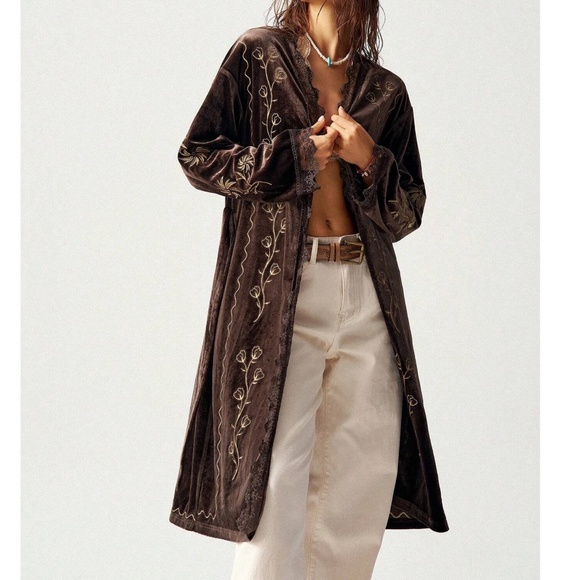 Luxe Brown Floral Embroidered Lace Belted Loose Fit Duster Jacket Shacket - Picture 5 of 7